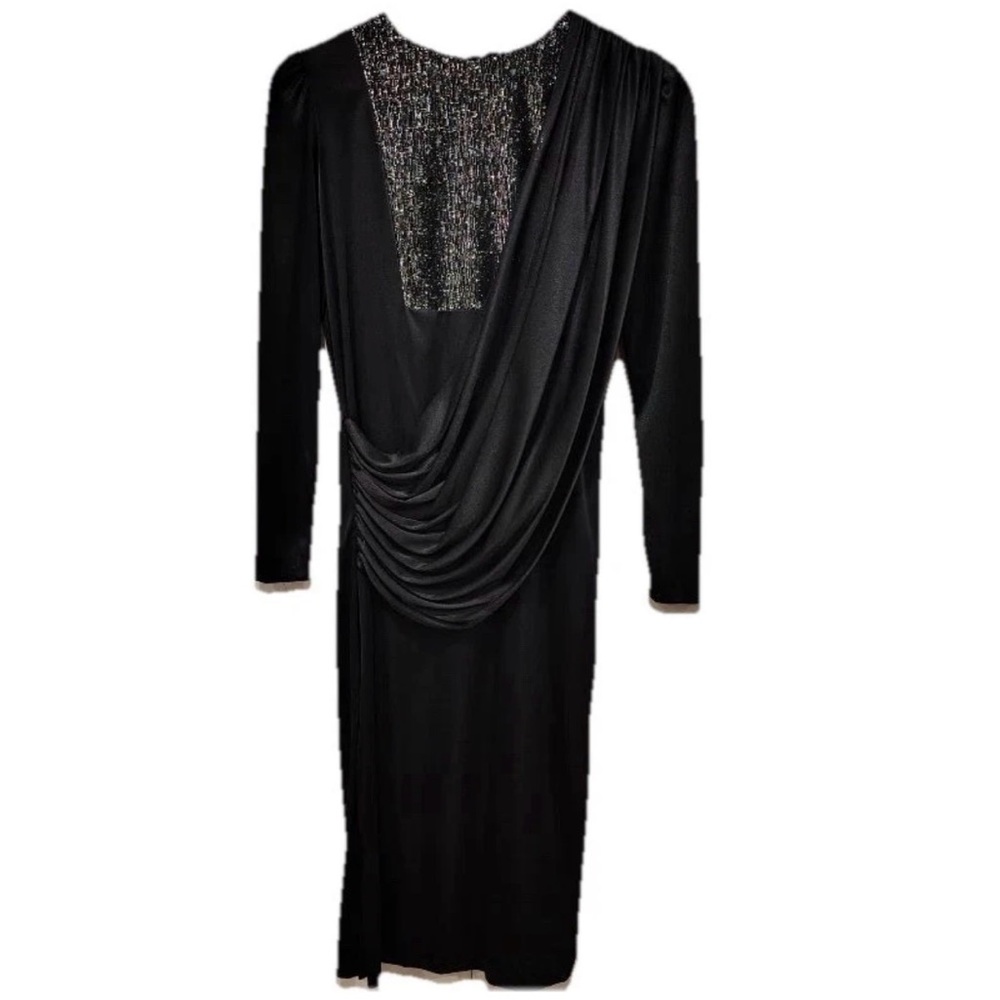 Vtg 80s Riccardo Black Metallic Midi Dress Sparkle Swoop Drape Long Sleeve Sz 10